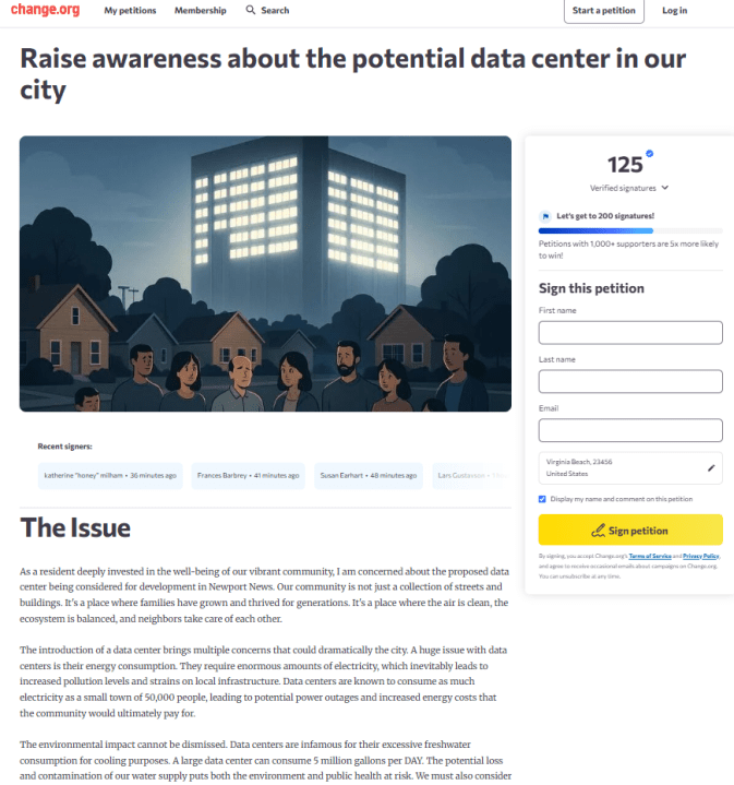Newport News Residents Voice Opposition to Proposed Data Center Project
